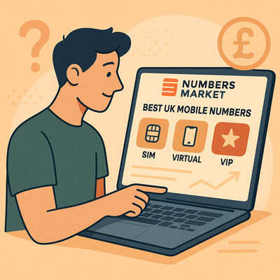 Illustration of a person choosing between UK mobile number options on Numbers Market