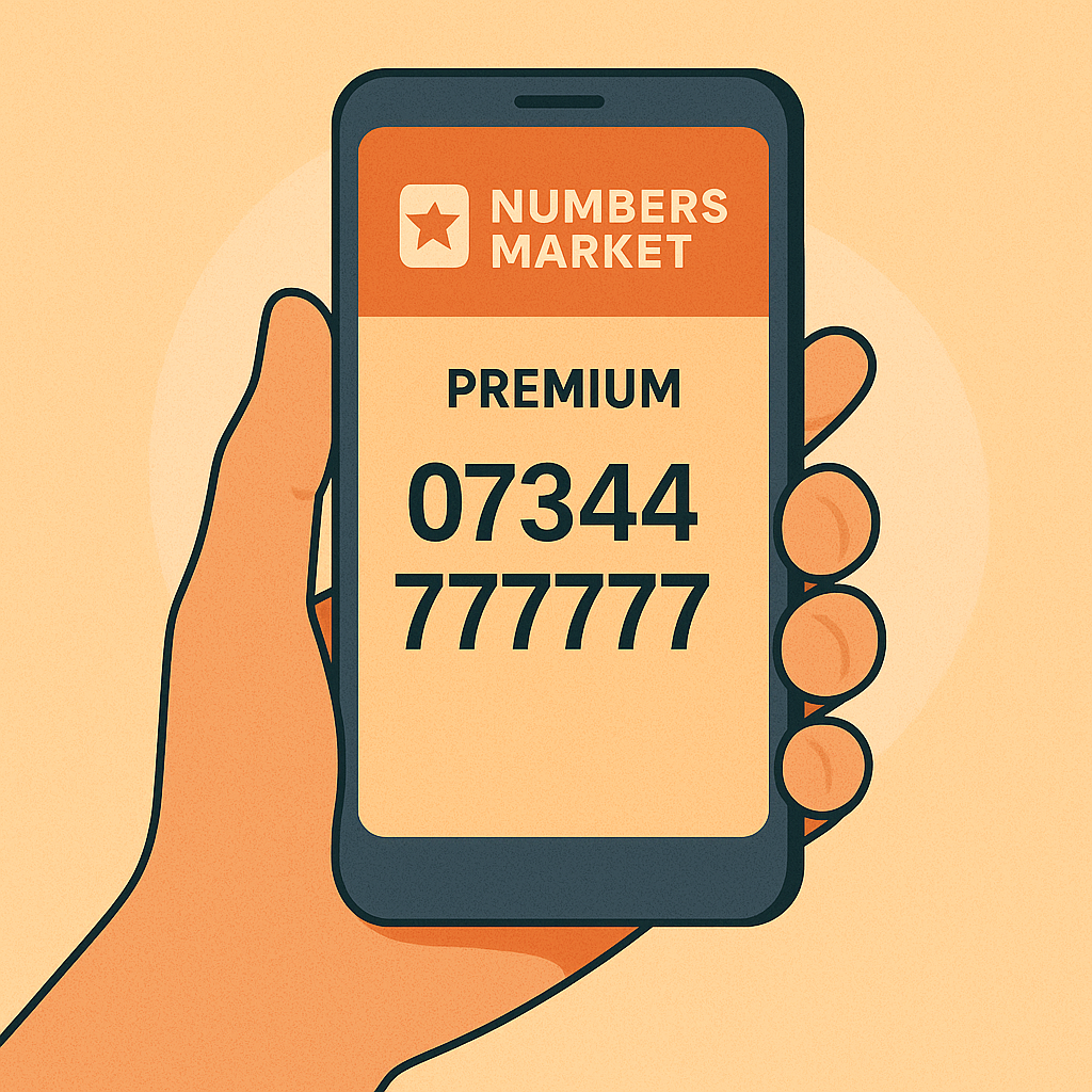 Hand holding a phone displaying a premium UK mobile number from Numbers Market